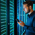 A professional male cybersecurity expert in a modest business casual shirt and dark trousers, fully clothed, standing in a highly secure, modern data center. Blue and green glowing server lights illuminate the background. He is interacting with a transparent holographic display showing complex network traffic patterns and firewall rules, symbolizing a digital fortress. He maintains a focused and determined expression, with natural body proportions, perfect anatomy, well-formed hands, and correct proportions. This image is safe for work, appropriate content, and family-friendly, representing vigilance and strong defense.