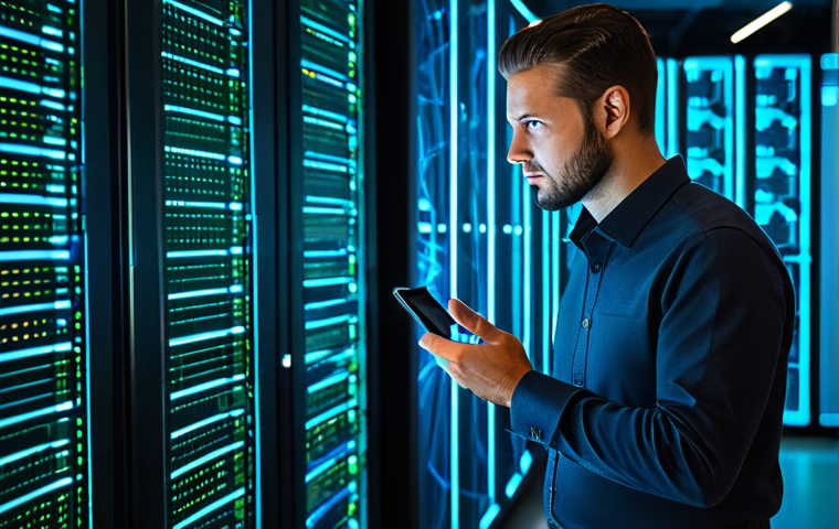 A professional male cybersecurity expert in a modest business casual shirt and dark trousers, fully clothed, standing in a highly secure, modern data center. Blue and green glowing server lights illuminate the background. He is interacting with a transparent holographic display showing complex network traffic patterns and firewall rules, symbolizing a digital fortress. He maintains a focused and determined expression, with natural body proportions, perfect anatomy, well-formed hands, and correct proportions. This image is safe for work, appropriate content, and family-friendly, representing vigilance and strong defense.