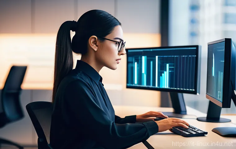 리눅스 실기 시험에서 요구되는 스크립트 작성 기술 - A focused young adult female software developer, approximately 28 years old, with sleek dark hair pu...