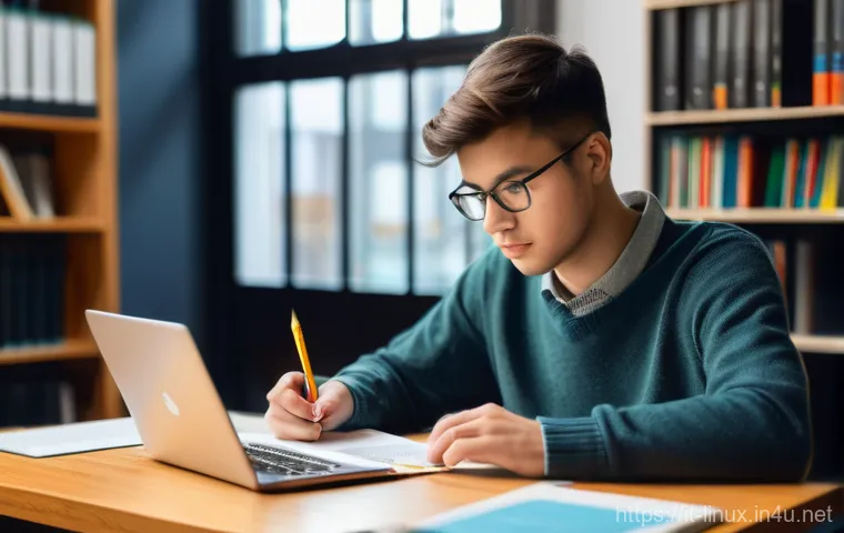 리눅스 필기 시험 준비를 위한 효율적인 팁 - A focused and determined student, in their mid-20s, with short, neat hair, sits at a modern, unclutt...