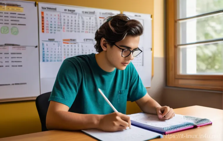 리눅스 실기 시험 대비 효과적인 시간 관리법 - **Prompt:** A young adult, approximately 18-22 years old, sits at a clean, well-organized desk, meti...