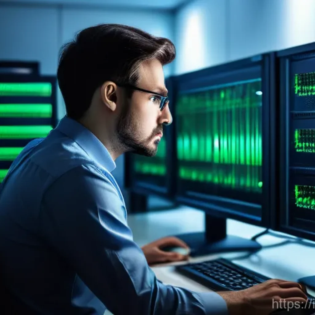 리눅스 실기 시험의 최신 경향과 분석 - A focused IT professional, dressed in smart casual attire, intensely troubleshooting a Linux server ...