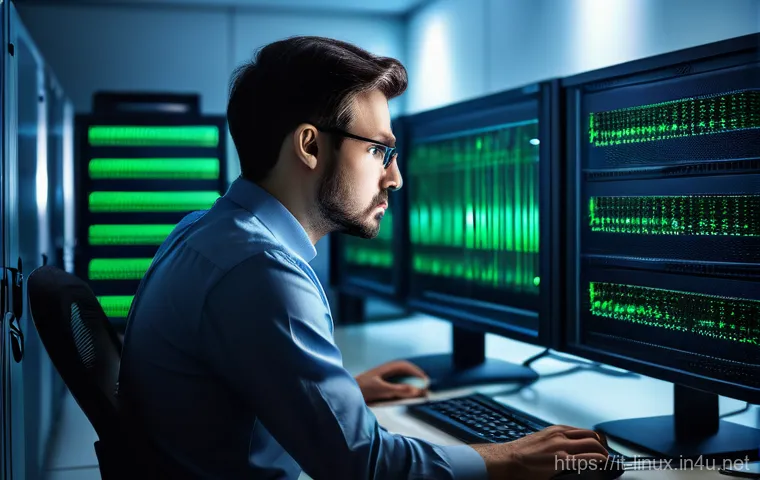 리눅스 실기 시험의 최신 경향과 분석 - A focused IT professional, dressed in smart casual attire, intensely troubleshooting a Linux server ...