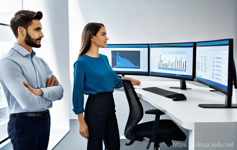 리눅스 자격증 취득 후 프로젝트 관리 경험 - A vibrant, professional scene depicting a diverse group of 4-5 individuals (men and women, all adult...