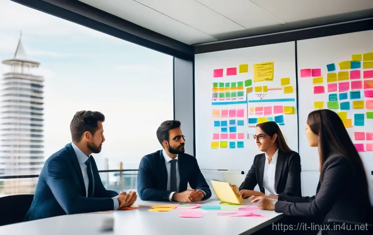 리눅스 자격증 취득 후 프로젝트 관리 경험 - A vibrant, professional scene depicting a diverse group of 4-5 individuals (men and women, all adult...