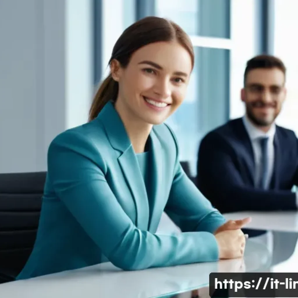 리눅스 자격증 취득 후 연봉 협상 경험 공유 - **A confident woman in her late 20s, dressed in a sharp, modern business suit, sitting at a sleek gl...