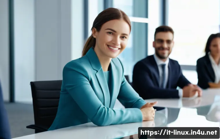 리눅스 자격증 취득 후 연봉 협상 경험 공유 - **A confident woman in her late 20s, dressed in a sharp, modern business suit, sitting at a sleek gl...