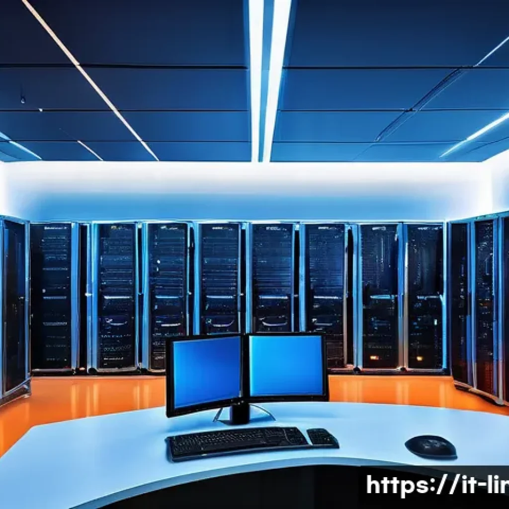 리눅스 실기 시험에서 출제된 최신 문제 유형 - A modern enterprise Linux server room with multiple racks of servers, glowing LED indicators, and la...
