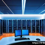 리눅스 실기 시험에서 출제된 최신 문제 유형 - A modern enterprise Linux server room with multiple racks of servers, glowing LED indicators, and la...