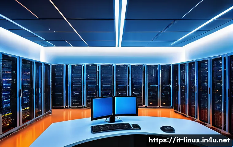 리눅스 실기 시험에서 출제된 최신 문제 유형 - A modern enterprise Linux server room with multiple racks of servers, glowing LED indicators, and la...
