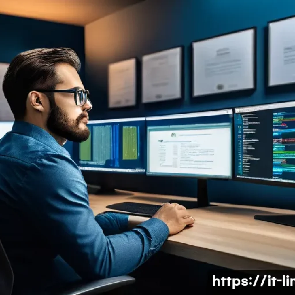 리눅스 자격증과 컨테이너 관리 기술의 연계성 - A modern IT professional working in a sleek office environment, focused on a multi-monitor setup dis...