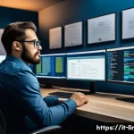 리눅스 자격증과 컨테이너 관리 기술의 연계성 - A modern IT professional working in a sleek office environment, focused on a multi-monitor setup dis...