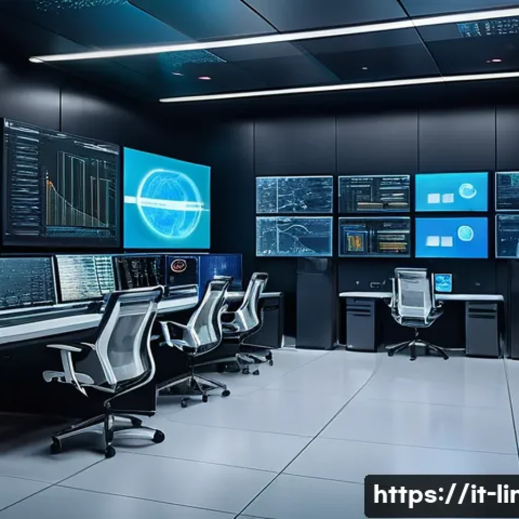 리눅스 실무와 AI 서버 관리 기술의 융합 사례 - A modern data center control room with large digital screens displaying real-time Linux server perfo...
