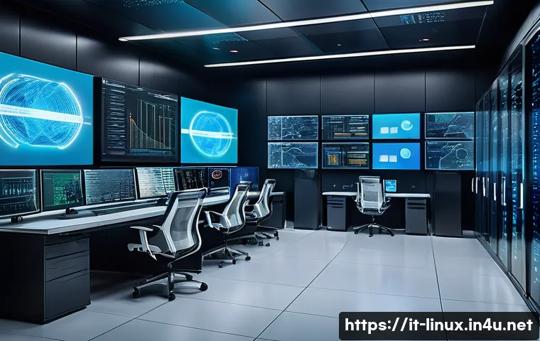 리눅스 실무와 AI 서버 관리 기술의 융합 사례 - A modern data center control room with large digital screens displaying real-time Linux server perfo...