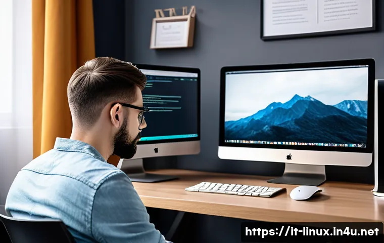 리눅스 자격증으로 IT 업계 이직 성공기 - A focused young adult studying Linux certification at a modern desk with dual monitors displaying Li...