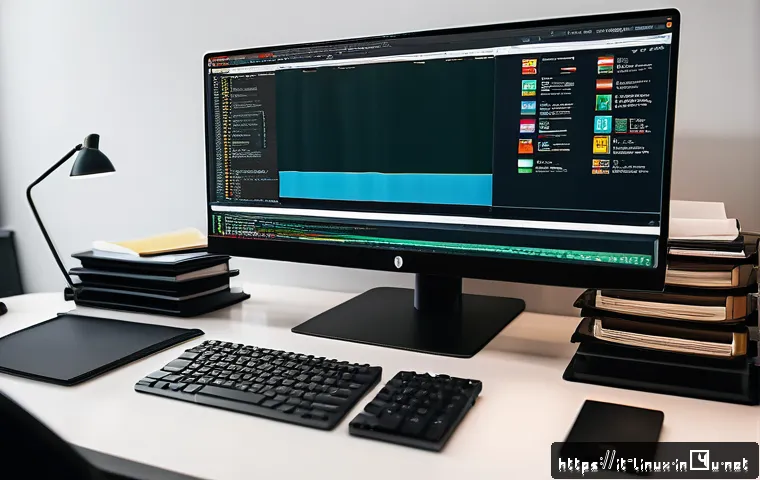 리눅스 자격증 실기 시험 대비 자동화 도구 학습법 - A detailed, professional Linux system administrator&rsquo;s workspace focused on automation: a modern desk...
