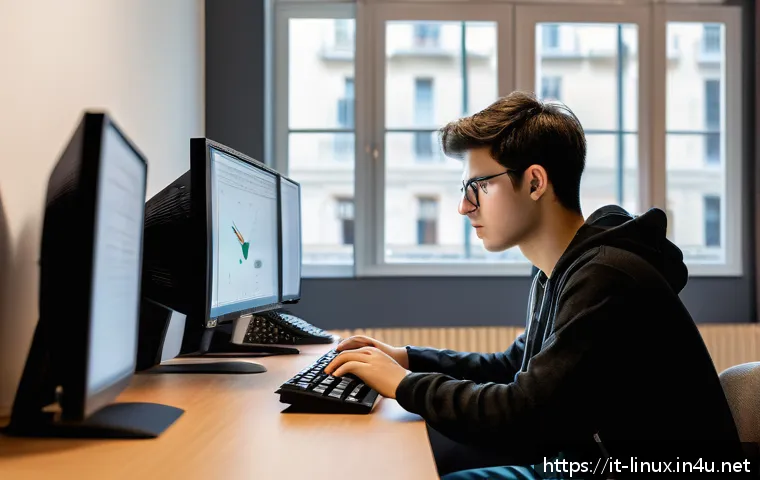 리눅스 실기 시험 합격률을 높이는 핵심 비법 - A focused young Italian IT student sitting at a modern desk in a cozy study room, surrounded by mult...