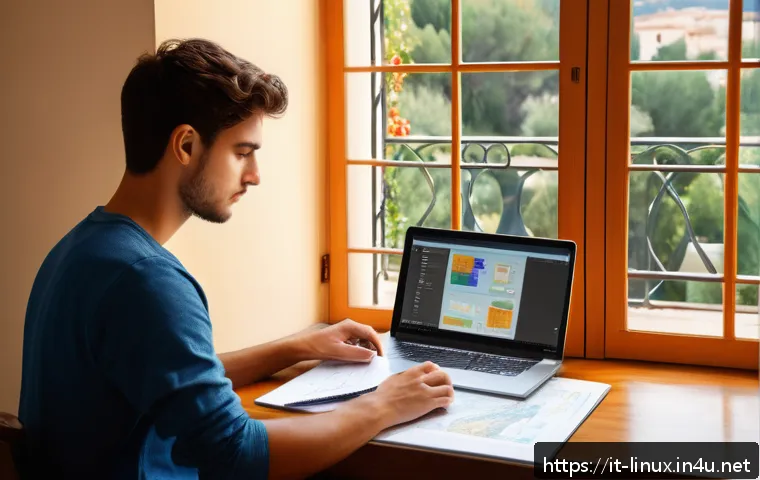 리눅스 실기 시험의 난이도 높은 문제 풀이법 - A modern Italian home office setup with a young adult studying Linux certification exam materials, f...