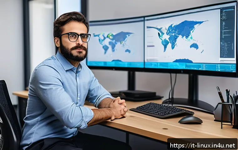 리눅스 자격증 취득 후 IT 프로젝트 참여 후기 - A professional Italian IT specialist confidently working at a modern office desk surrounded by multi...