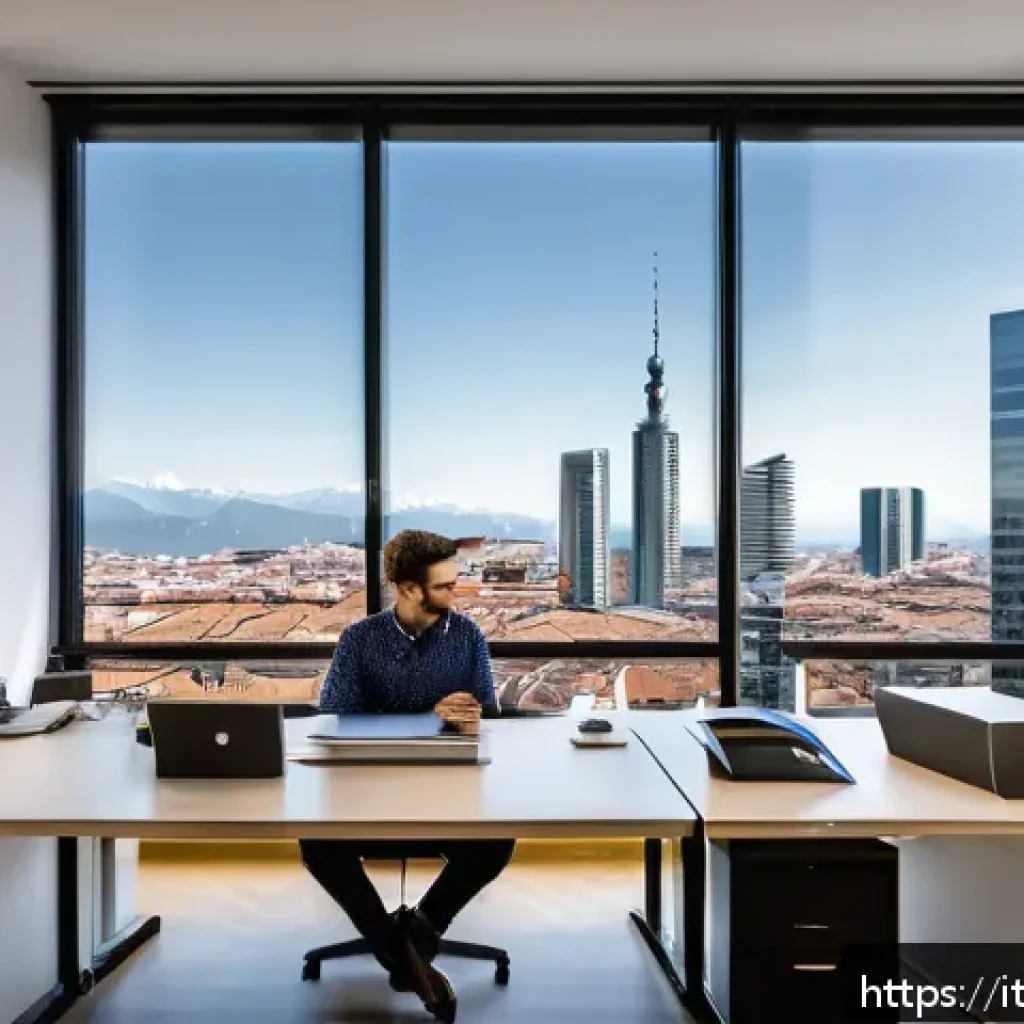 리눅스 자격증 취득 후 해외 취업 성공 후기 - A professional young adult sitting confidently at a modern office desk in Milan, Italy, surrounded b...