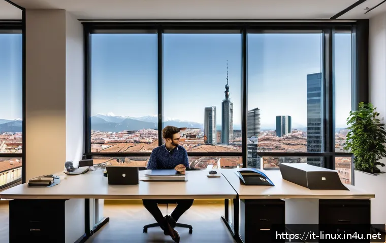 리눅스 자격증 취득 후 해외 취업 성공 후기 - A professional young adult sitting confidently at a modern office desk in Milan, Italy, surrounded b...