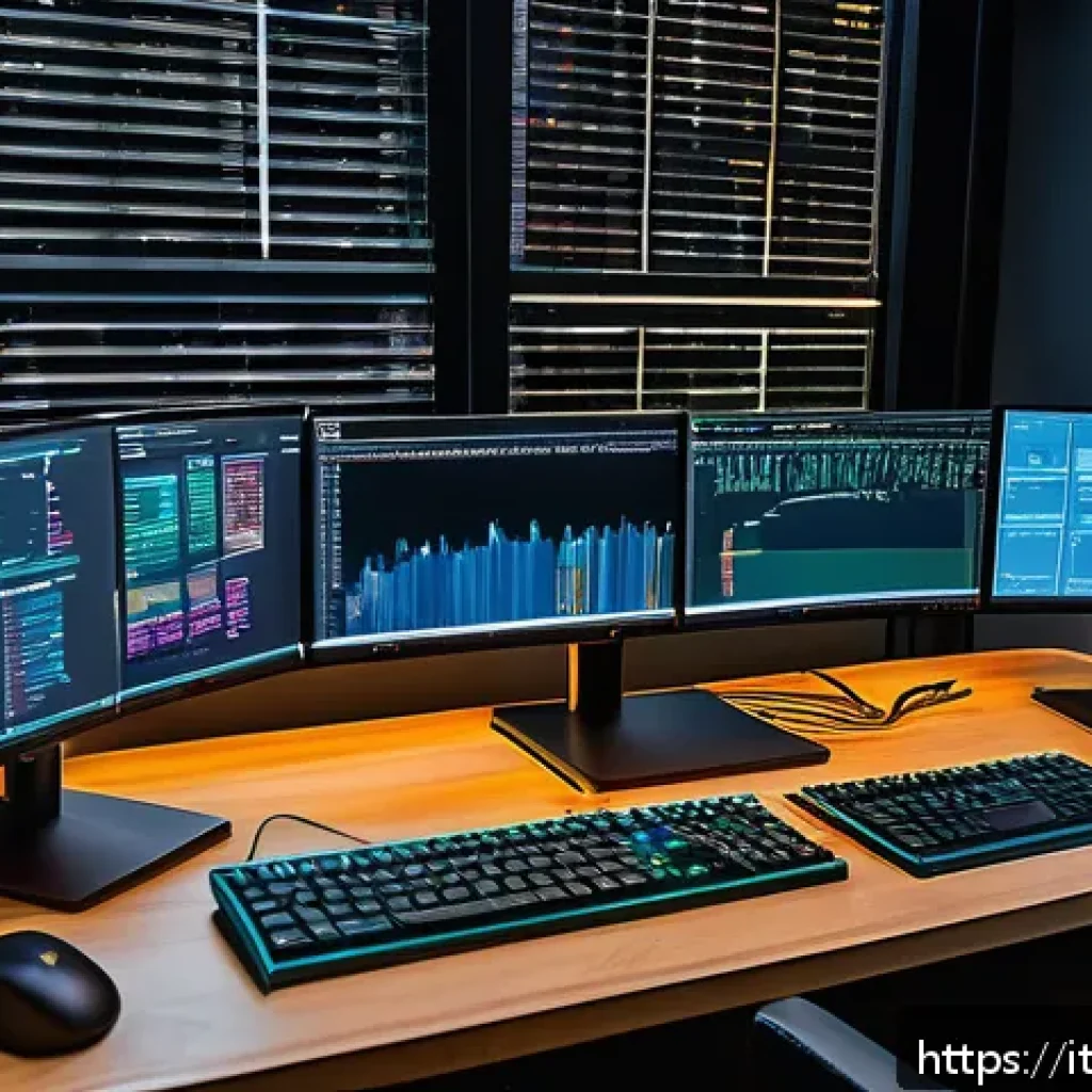 리눅스 실무와 최신 오픈소스 기술 트렌드 - A modern Linux developer&rsquo;s workspace featuring multiple high-resolution monitors displaying terminal...