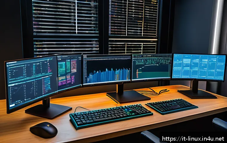 리눅스 실무와 최신 오픈소스 기술 트렌드 - A modern Linux developer’s workspace featuring multiple high-resolution monitors displaying terminal...
