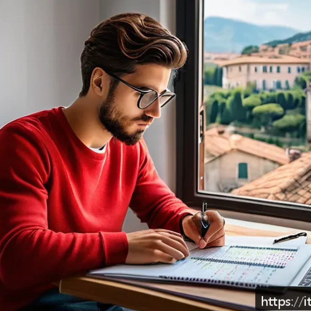리눅스 필기 시험의 효율적인 학습 계획 - A focused young adult studying Linux certification at a modern desk in a cozy Italian apartment, nat...