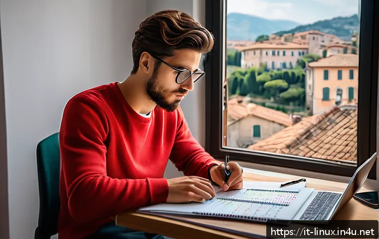 리눅스 필기 시험의 효율적인 학습 계획 - A focused young adult studying Linux certification at a modern desk in a cozy Italian apartment, nat...