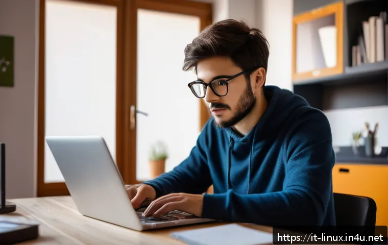 리눅스 실기 시험 준비를 위한 단기 집중 학습법 - A focused study session scene in a cozy Italian home office, showing a young adult wearing casual cl...