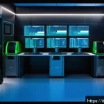 리눅스 실기 시험에서 강조된 파일시스템 관리 기법 - A detailed, high-tech server room environment showcasing multiple Linux servers with digital screens...