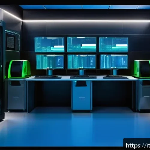 리눅스 실기 시험에서 강조된 파일시스템 관리 기법 - A detailed, high-tech server room environment showcasing multiple Linux servers with digital screens...