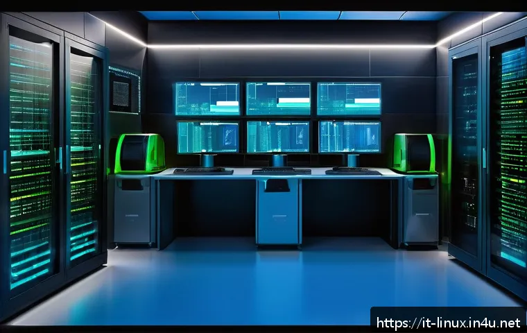 리눅스 실기 시험에서 강조된 파일시스템 관리 기법 - A detailed, high-tech server room environment showcasing multiple Linux servers with digital screens...