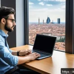 리눅스 자격증과 실무 경험의 상호 보완성 - A modern Italian office environment where a young professional is studying Linux certification mater...