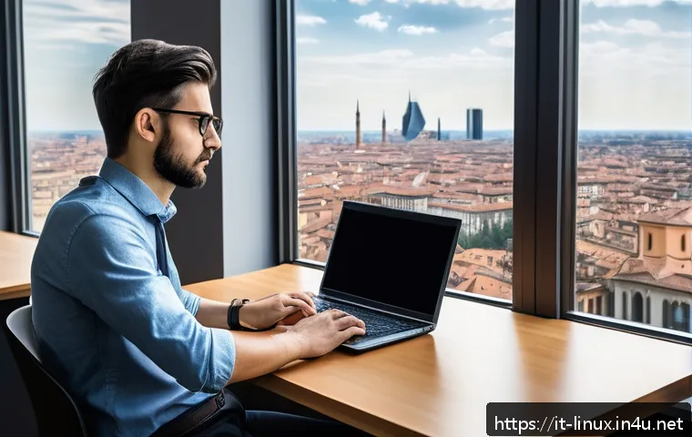리눅스 자격증과 실무 경험의 상호 보완성 - A modern Italian office environment where a young professional is studying Linux certification mater...