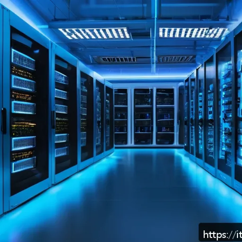 리눅스 실무와 관련된 패키지 관리 사례 - A high-tech corporate server room with multiple racks of servers, illuminated by soft blue and white...