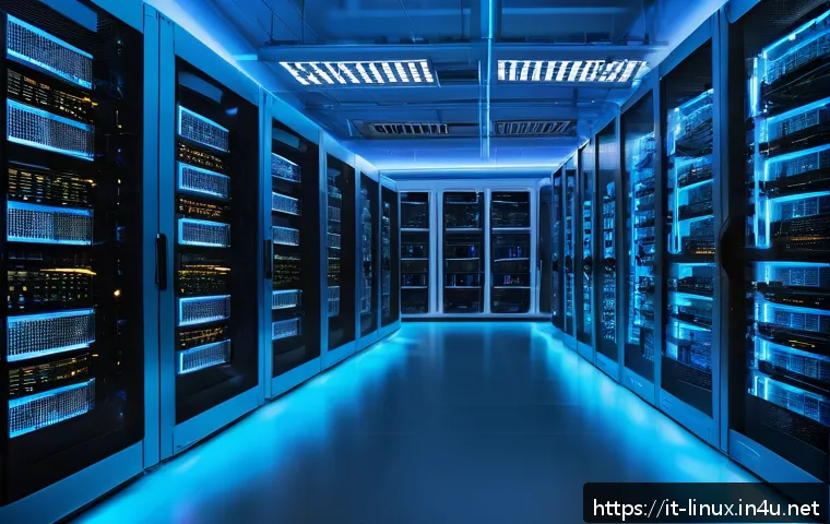 리눅스 실무와 관련된 패키지 관리 사례 - A high-tech corporate server room with multiple racks of servers, illuminated by soft blue and white...