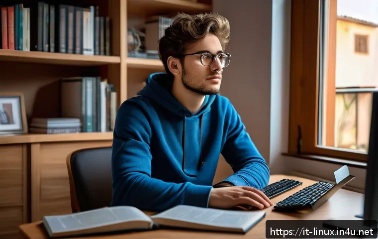 리눅스 필기 시험에서 자주 출제되는 문제 유형 - A focused young Italian IT student sitting at a modern desk in a cozy home office, surrounded by mul...